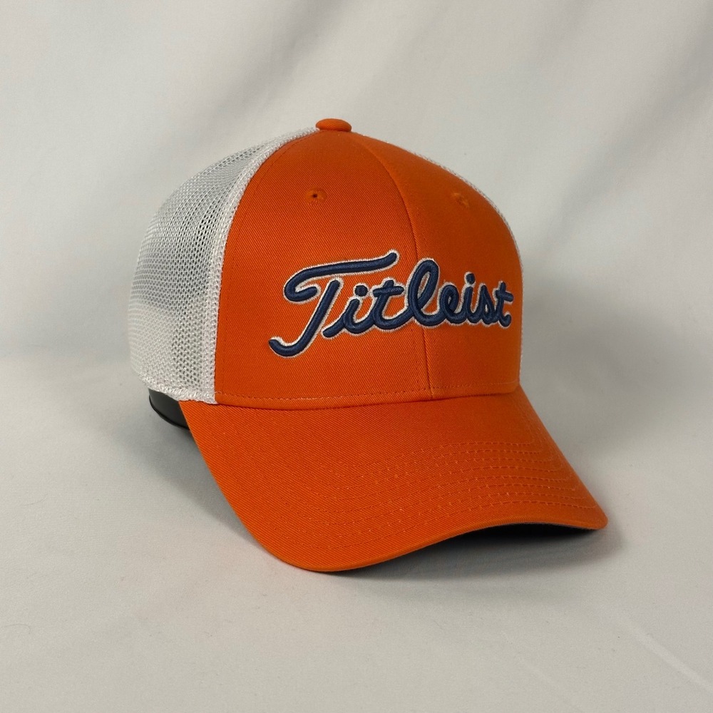 Titleist Golf Trucker Hat Men L/XL Orange White Mesh Back Stretch Fit Cap Cotton